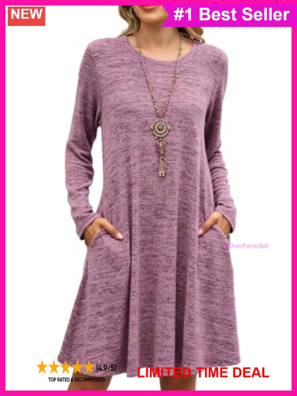 Plus Size Sweater Dress with Pockets Crew Neck Long Sleeve Knee Length